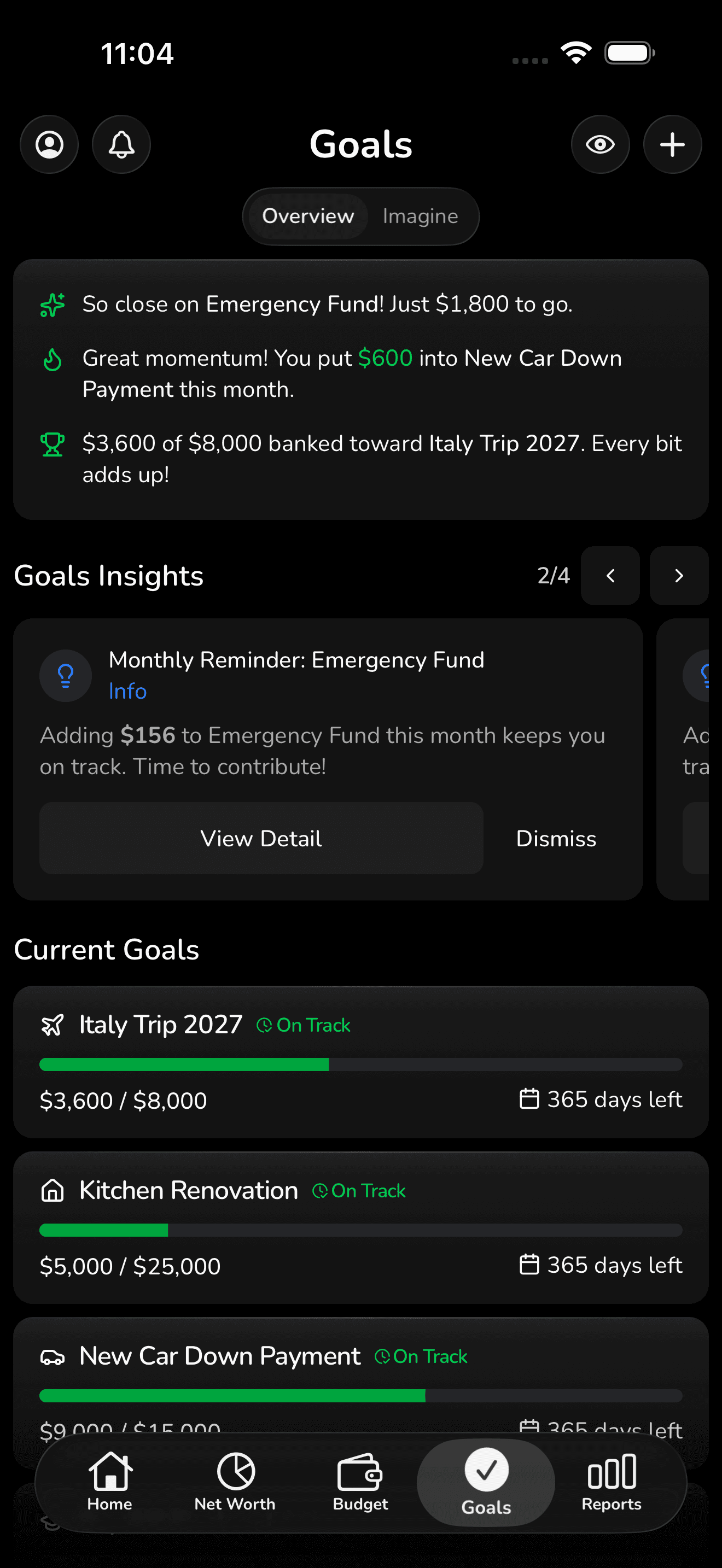 Financial goals tracking screen