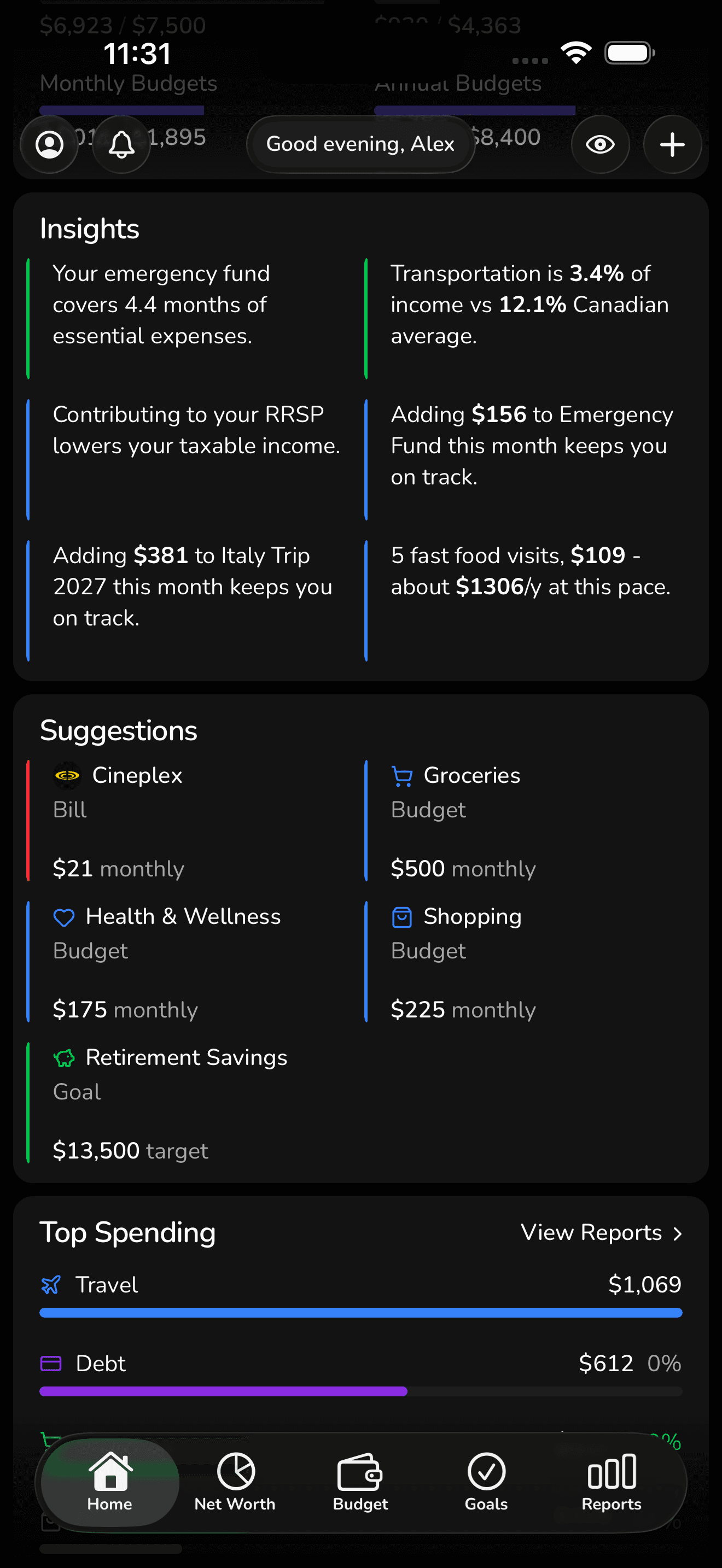 Dashboard with smart insights and suggestions