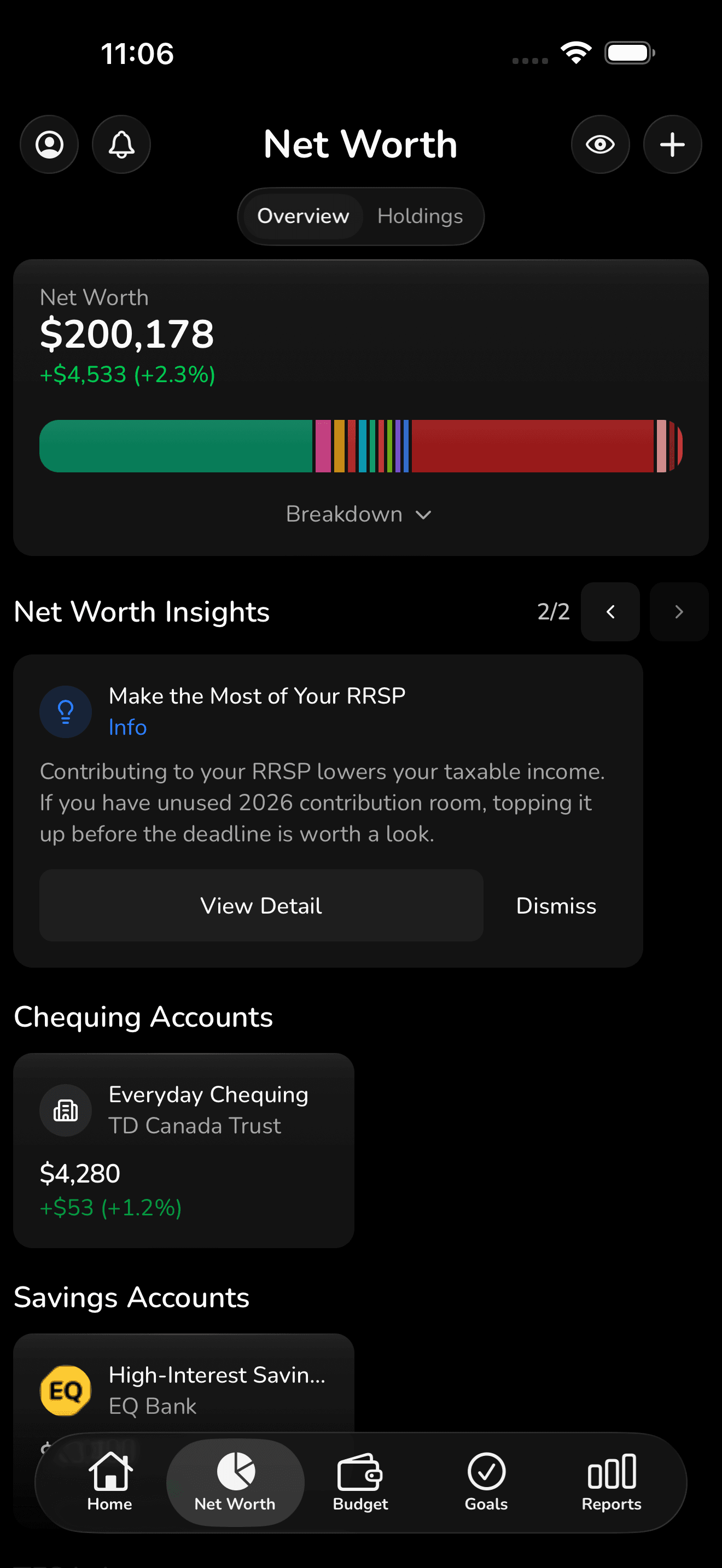 Net worth overview screen